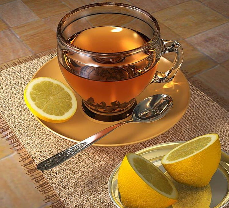 Morning with warm tea, cup, tea, napkin, lemon, teaspoon, HD wallpaper