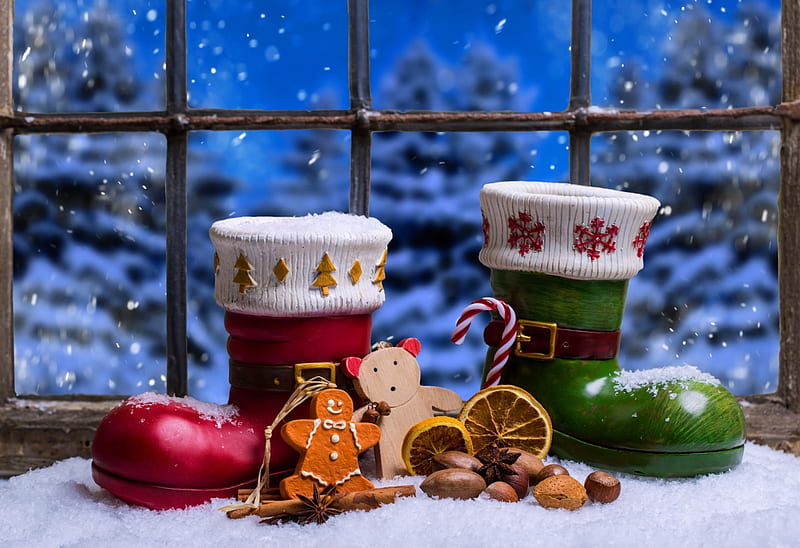 Christmas background, pretty, window, christmas, holiday, boots, background, bonito, winter, snow, snowflakes, snowfall, HD wallpaper