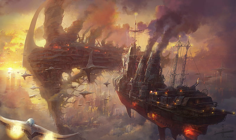 Battleship, art, world, min seub jung, fantasy, luminos, ship, HD wallpaper