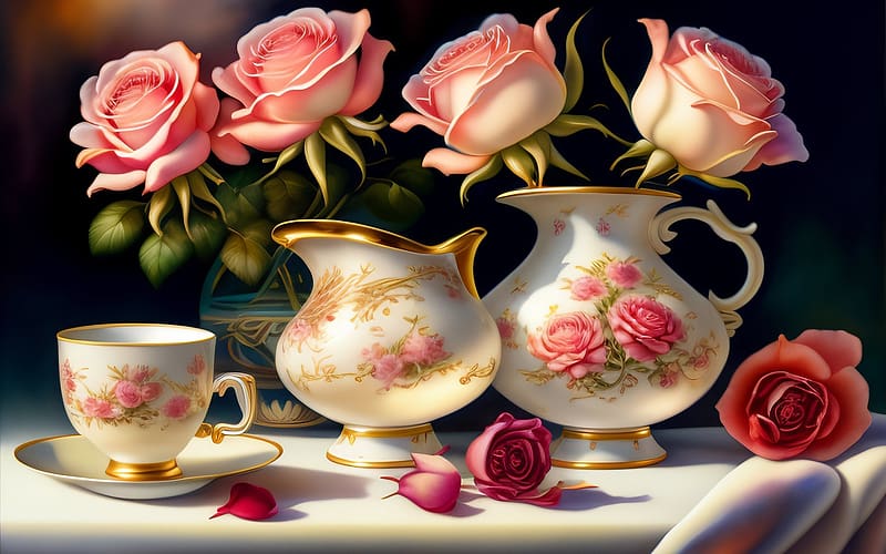 Floral Still Life, porcelain, table, digital, roses, vases, art, blossoms, HD wallpaper