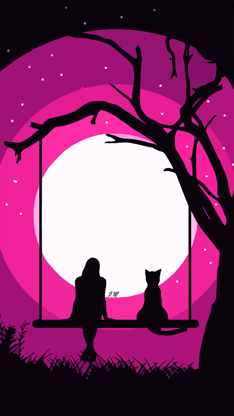 AFTER DAWN, cat, girl, love, moon, nature, pink, shades, silhouette, sunset, vector, HD phone wallpaper