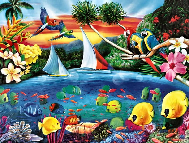 Tropics F, art, shore, fish, birds, bonito, artwork, beach, sand, painting, wide screen, flowers, scenery, tropics, HD wallpaper