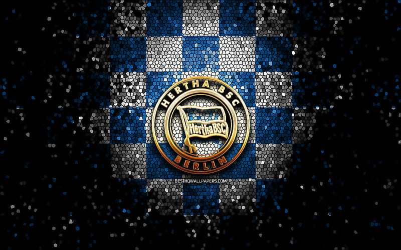Hertha FC, glitter logo, Bundesliga, blue white checkered background, soccer, Hertha BSC, german football club, Hertha logo, mosaic art, football, Germany, Hertha Berlin, HD wallpaper
