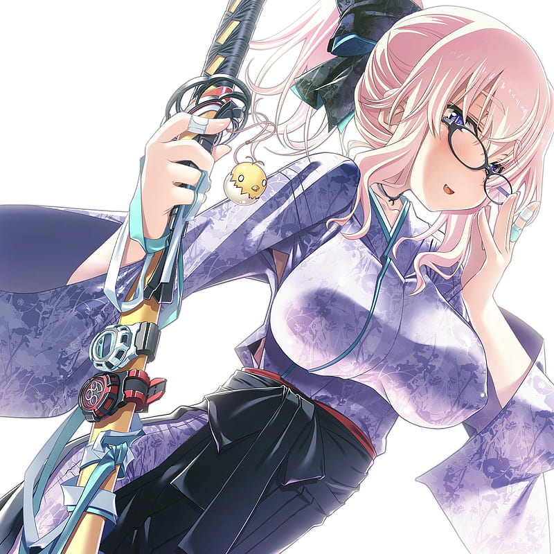 white background, glasses, sword, ponytail, pink hair, blue eyes, Japanese clothes, anime girls, Sakuya Tsuitachi, HD phone wallpaper