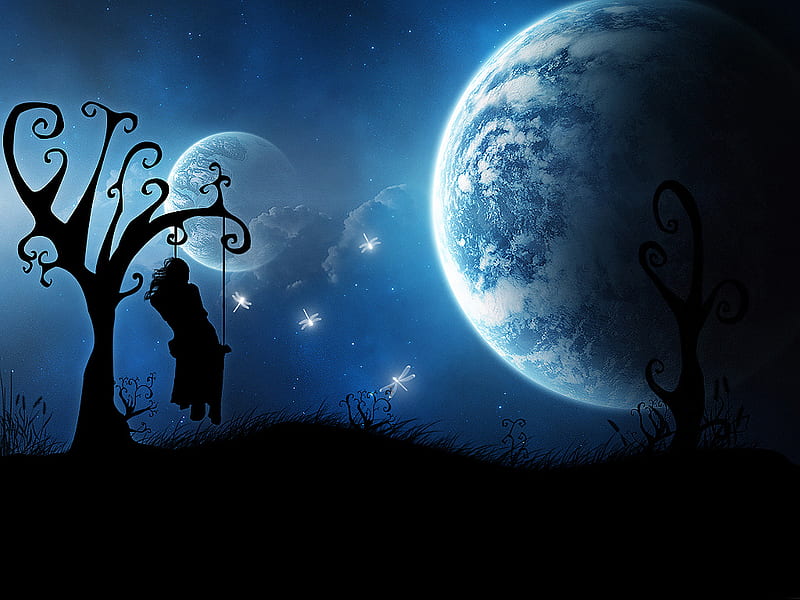 Midnight Whisper, moons, tree, girl, swing, midnight, HD wallpaper