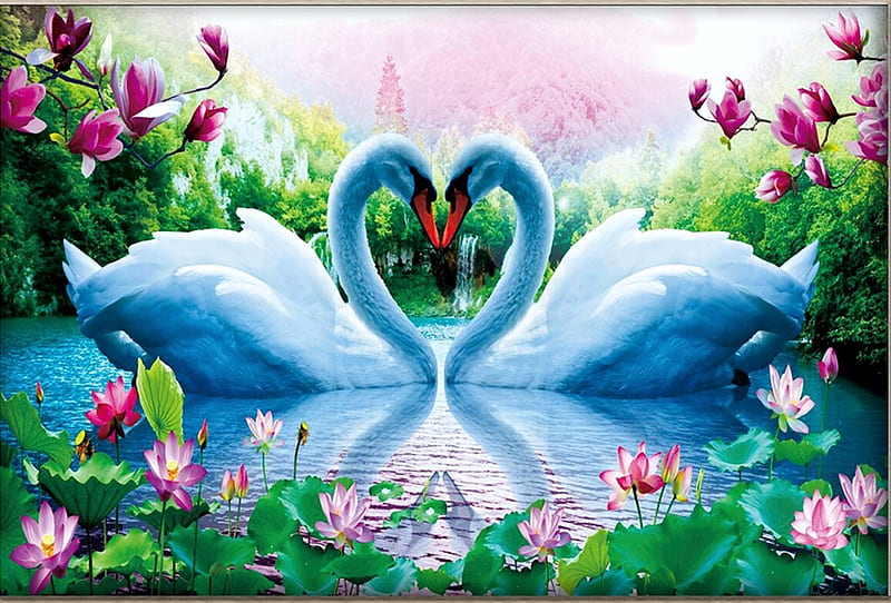 Swans Heart, pond, magnolia, water, painting, waterlilies, artwork, pair, HD wallpaper