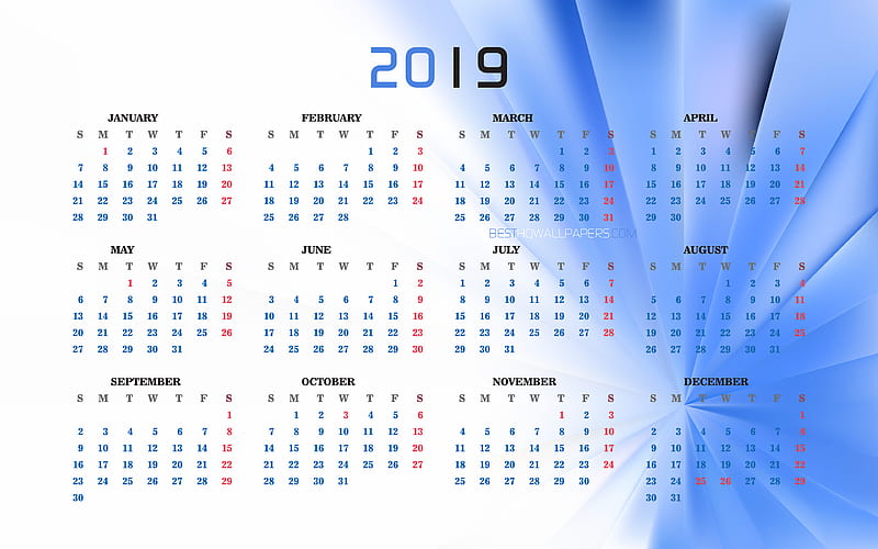 Blue Calendar 2019, creative, abstract background, 2019 Yearly Calendar, blue background, Calendar 2019, Year 2019 Calendar, 2019 calendars, 2019 calendar, HD wallpaper