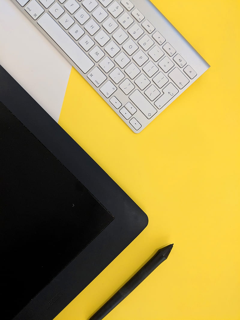 gray Apple wireless keyboard beside black tablet computer and stylus pen, HD phone wallpaper
