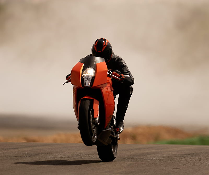 Wheelie Ktm, bike, duke, orange, race, racing, speed, stunt, HD wallpaper