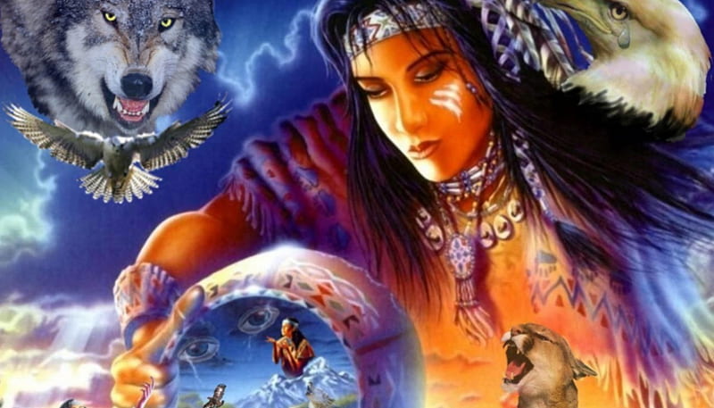 Spirit of a Native American, colorful, kid safe, wolf, native american, HD wallpaper