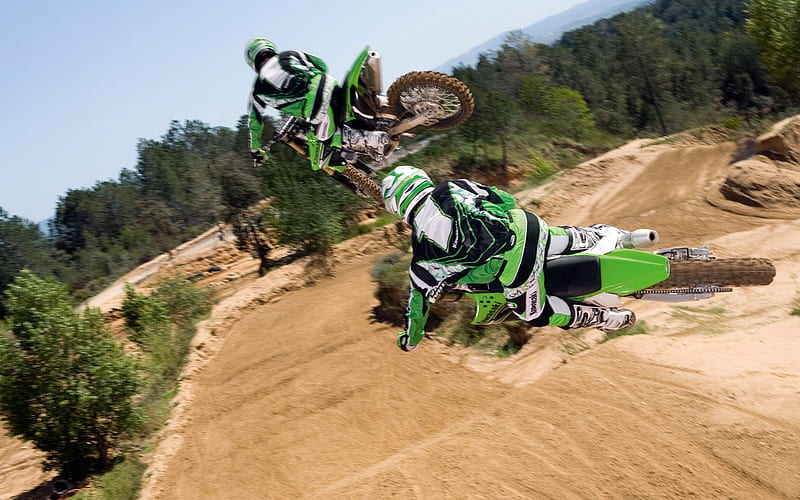 two in the air, bikes, race, motocross, kawasaki, HD wallpaper