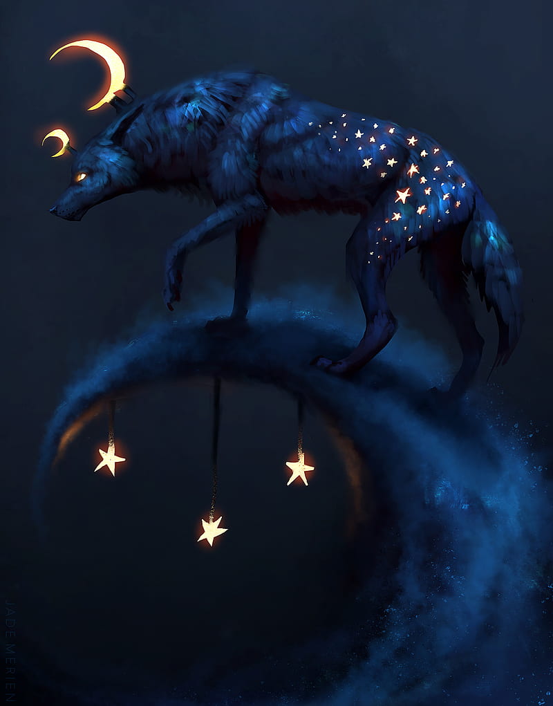 Star by Jade Merien, moon, wolf, wolves, surreal, dream, clouds, nature, fantasy, HD phone wallpaper