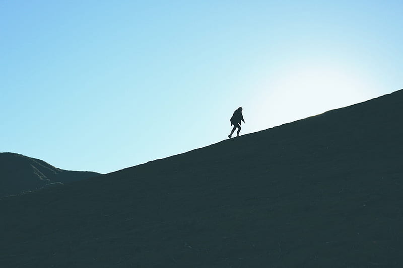 silhouette of man climbing hill, HD wallpaper
