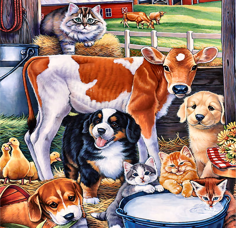 Barn Pals F1C, architecture, bovine, bonito, artwork, barn, canine, farm, painting, wide screen, pals, scenery, cows, art, pets, feline, cats, dogs, HD wallpaper