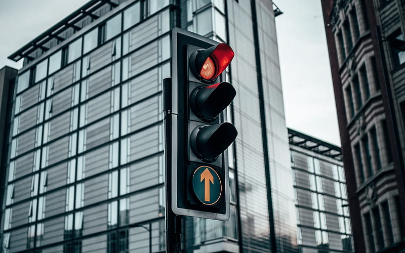 traffic lights, red light, modern buildings, road signs, traffic light with red light, HD wallpaper
