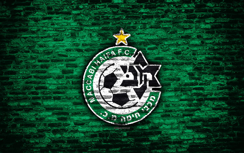 Maccabi Haifa FC logo, brick wall, Israeli Premier League, football, Israeli football club, soccer, brick texture, Haifa, Israel, HD wallpaper
