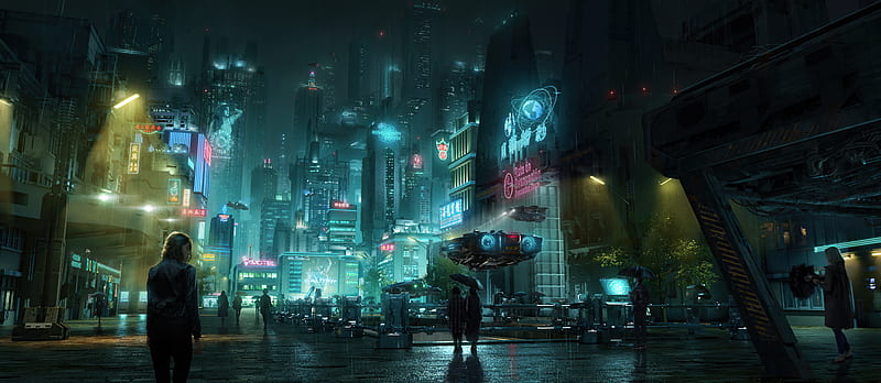 Sci Fi, City, Building, Futuristic, Night, People, Skyscraper, HD wallpaper
