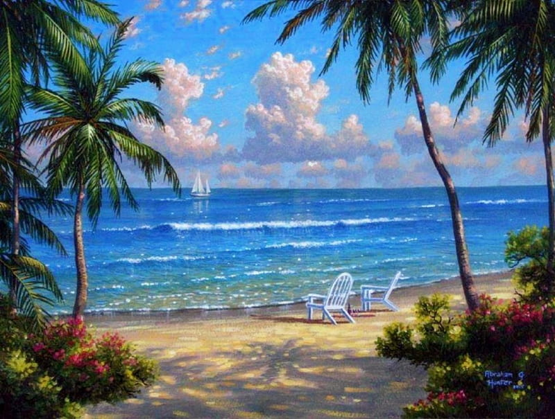 Beach Getaway, getaways, love four seasons, attractions in dreams, sky, clouds, palm trees, sea, paintings, paradise, beaches, summer, nature, sailboat, HD wallpaper