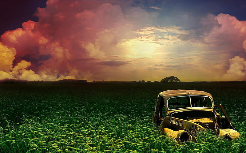 Abandoned Car, wreck, sunset, clouds, sky, field, HD wallpaper
