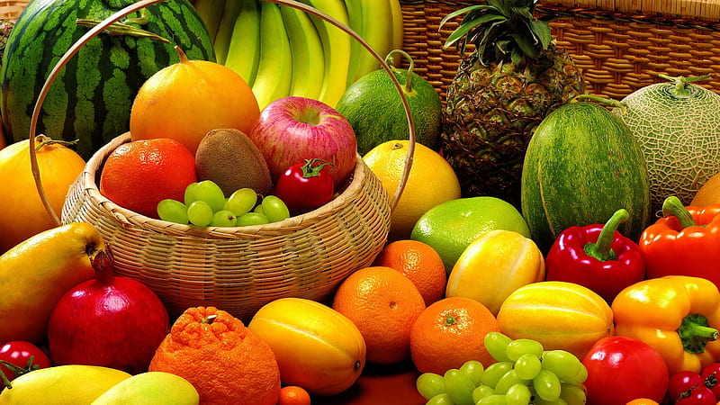 Variety of fruits, Fruits, Melon, Basket, Vegetables, HD wallpaper