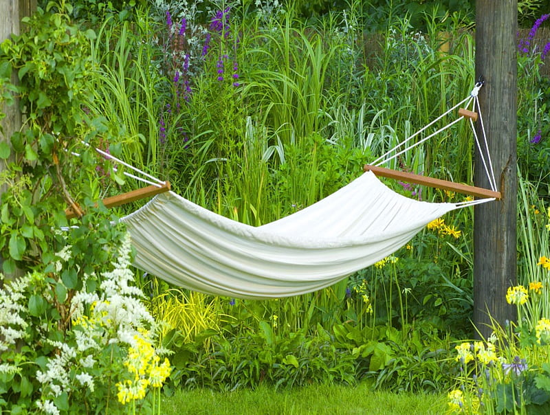 Relax in nature, rest, grass, relax, greenery, home, bonito, park, trees, hammock, yard, green, summer, flowers, garden, nature, natural, HD wallpaper