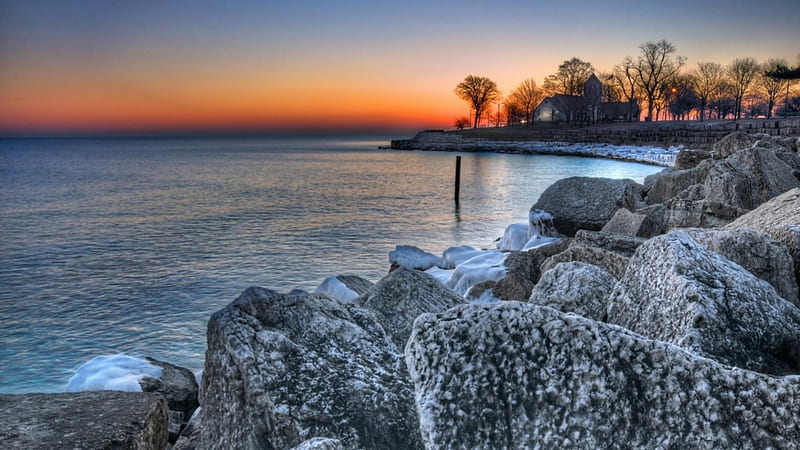 wonderful rocky seashore at sunset, building, rocks, shore, horizon, sunset, trees, sea, HD wallpaper