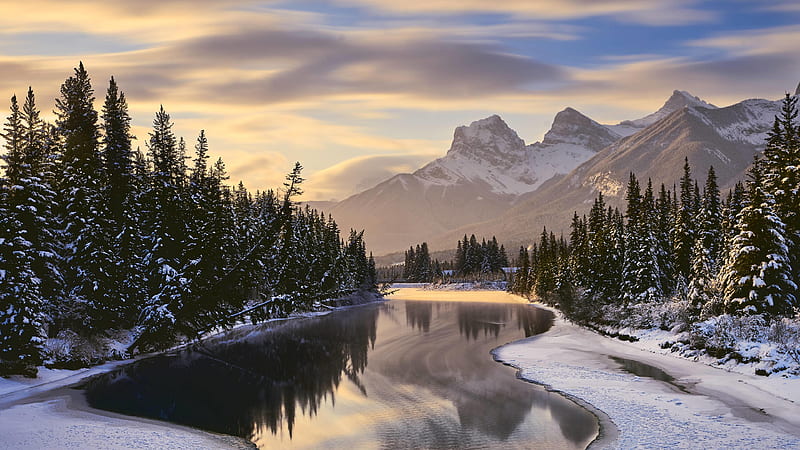 Bow River And The Three Sisters In Canmore Canada Canada, HD wallpaper