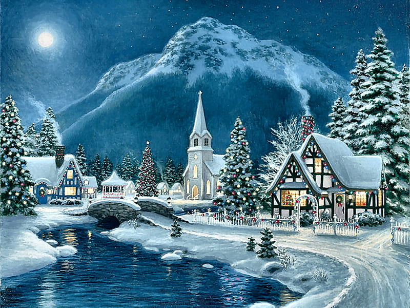 Moonlit Village F+Cmp, art, trees, artwork, winter, mountain, snow ...
