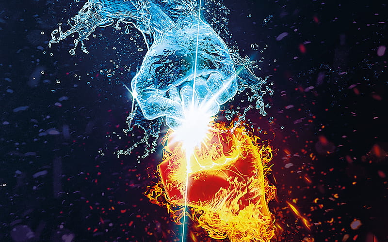 fire vs water, creative, flames, hands, battle, concept, HD wallpaper