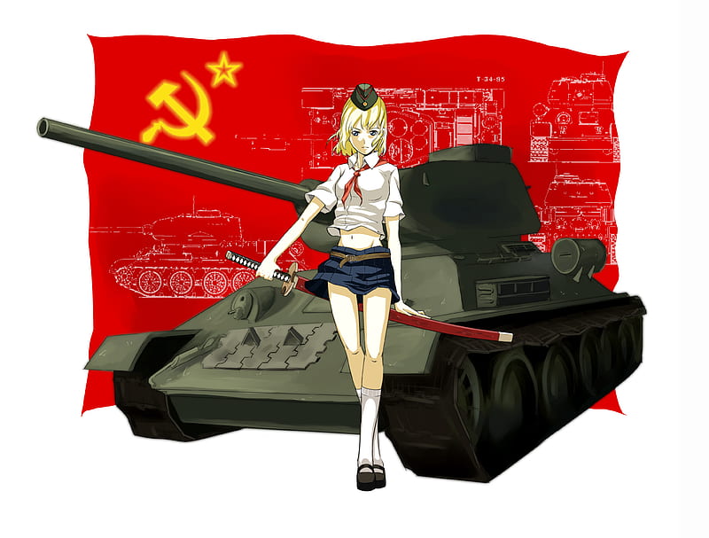Soviet Army, red, army, bonito, tank, blade, russia, hot, beauty, anime girl, weapon, sword, soviet, blonde hair, sexy, flag, cute, cool, katana, awesome, HD wallpaper