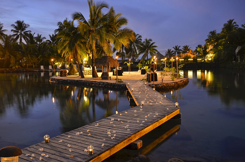 Tahiti at Night, polynesia, resort, dusk, sunset, twilight, sea, lights, beach, lagoon, evening, luxury, night, hotel, exotic, islands, romantic, ocean, pier, water, paradise, island, tahiti, tropical, HD wallpaper