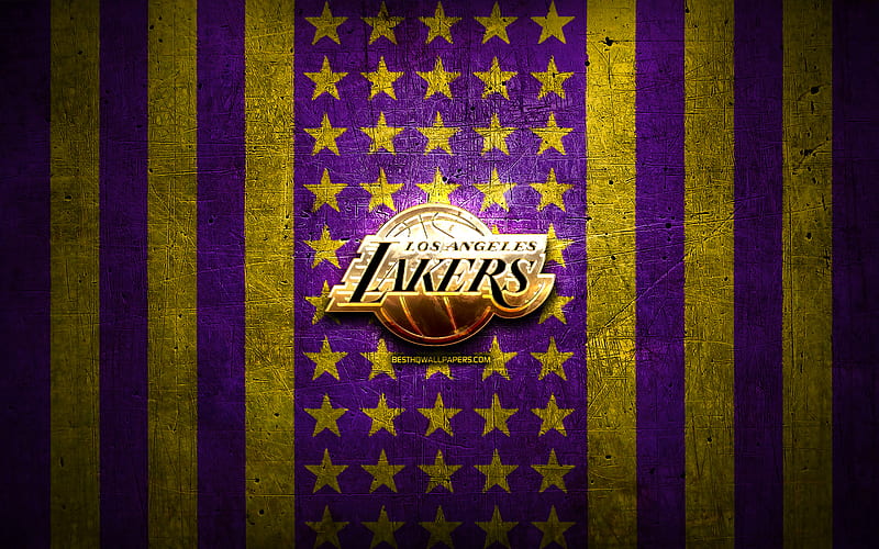 Los Angeles Lakers flag, NBA, violet yellow metal background, american basketball club, Los Angeles Lakers logo, USA, basketball, LA Lakers, golden logo, Los Angeles Lakers, HD wallpaper