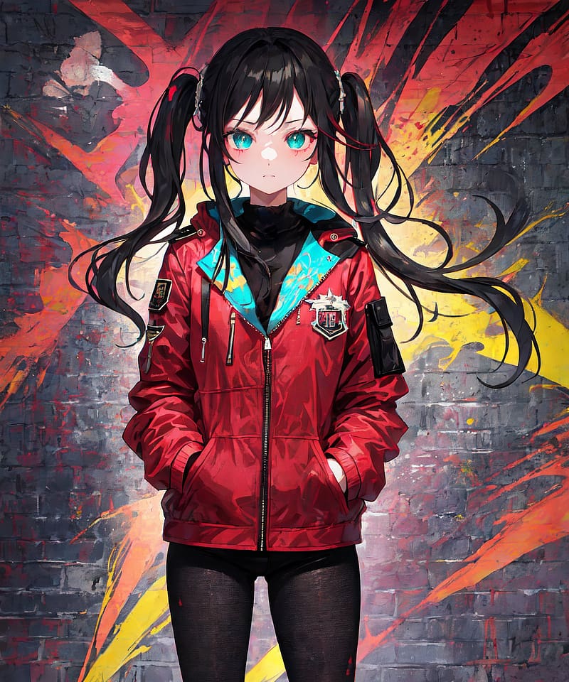 girl, jacket, bricks, graffiti, paint, wall, anime, HD phone wallpaper