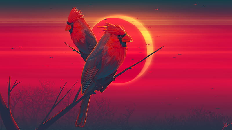 Red Birds Eclipse , birds, artist, artwork, digital-art, HD wallpaper