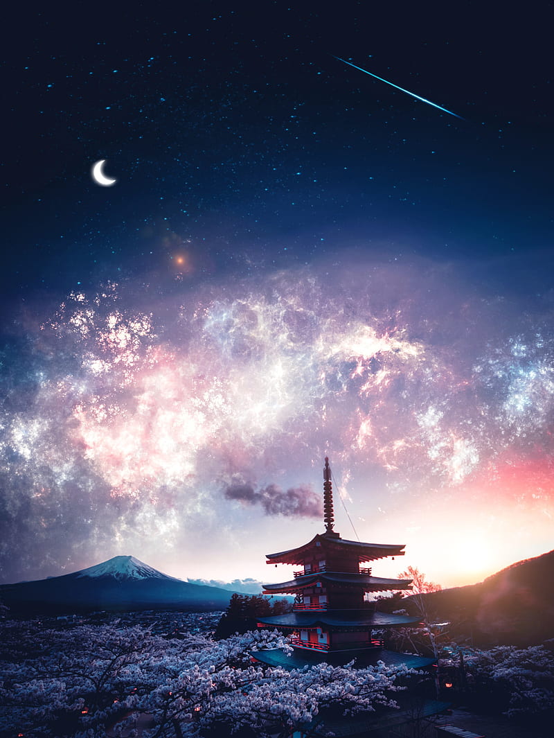 Mount Fuji Japanese, asia, asian, cherry blossom, cherry tree, comet, crescent moon, japan, mount fuji, HD phone wallpaper