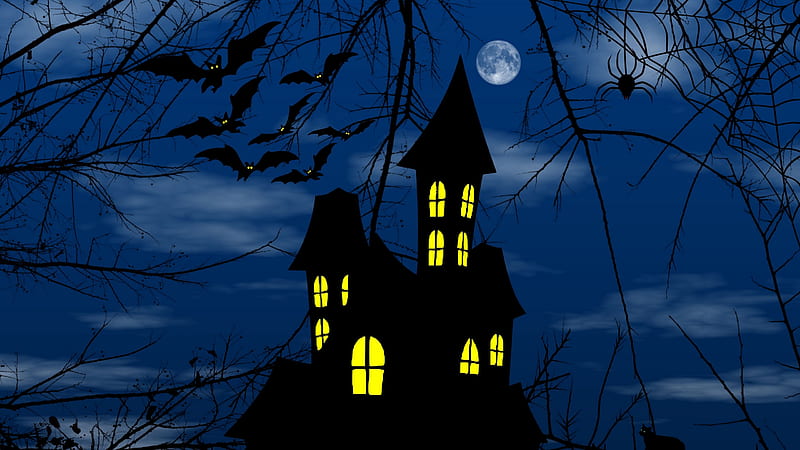 Happy Halloween!, night, lights, halloween, yellow, black, silhouette, spider, moon, fantasy, web, susan cipriano, castle, blue, HD wallpaper