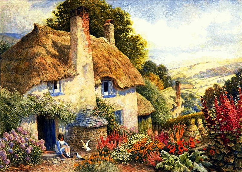 Mountain Cottage, house, bird, flowers, path, child, old, artwork, garde, HD wallpaper