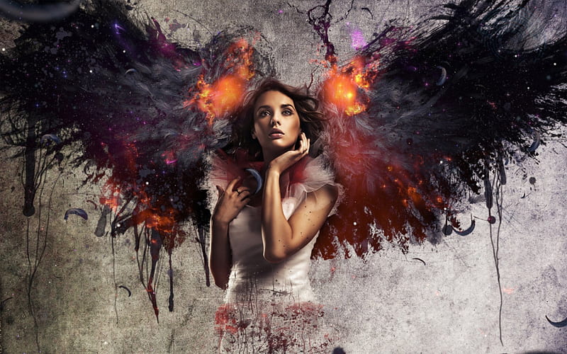 Fallen Angel Wings Luminos Burning Angel Black Woman Fire Fallen Fantasy Hd Wallpaper