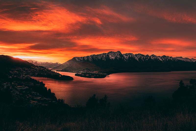 mountains, sunset, lake, sky, fiery, new zealand, HD wallpaper