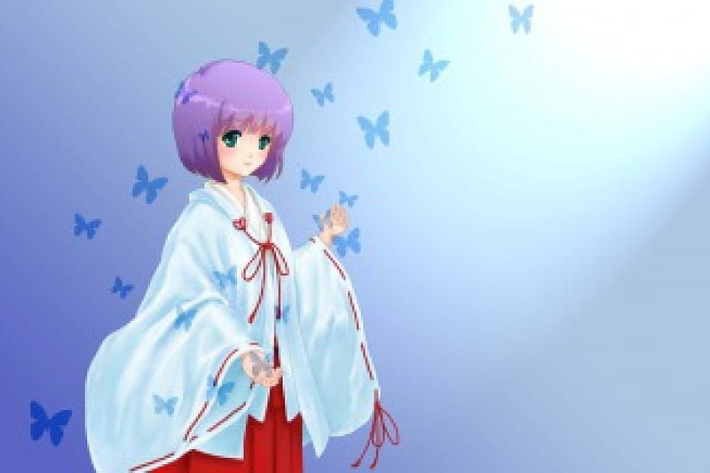 Sweet Butterfly Wings, short hair, pretty, girl, anime, purple hair, butterflies, HD wallpaper