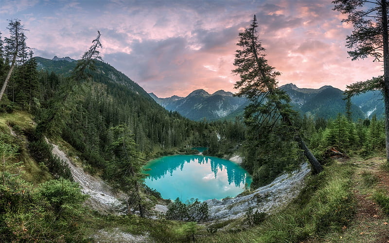 mountain lake, glacial lake, evening, sunset, emerald lake, forest, evening sky, Alps, Austria, HD wallpaper