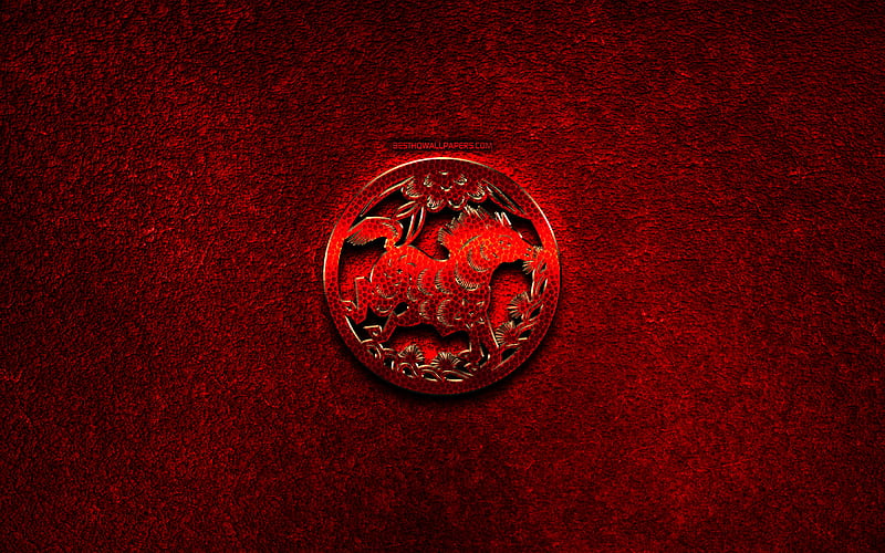 Horse, Chinese zodiac, red metal signs, creative, Chinese calendar, Horse zodiac sign, red stone background, Chinese Zodiac Signs, Horse zodiac, HD wallpaper