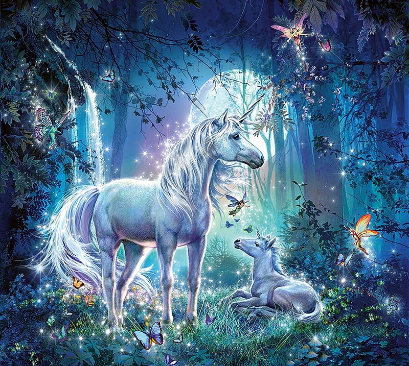 Moonlight unicorns, cute, fantasy, moon, luminos, moon, unicorn, fairy, night, HD wallpaper