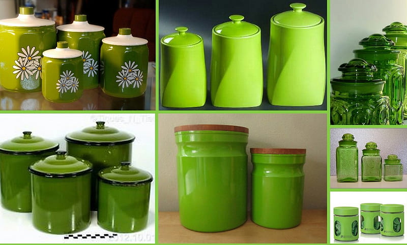 green canisters, collage, old, retro, green, kitchenellia, people, canisters, vintage, jars, HD wallpaper