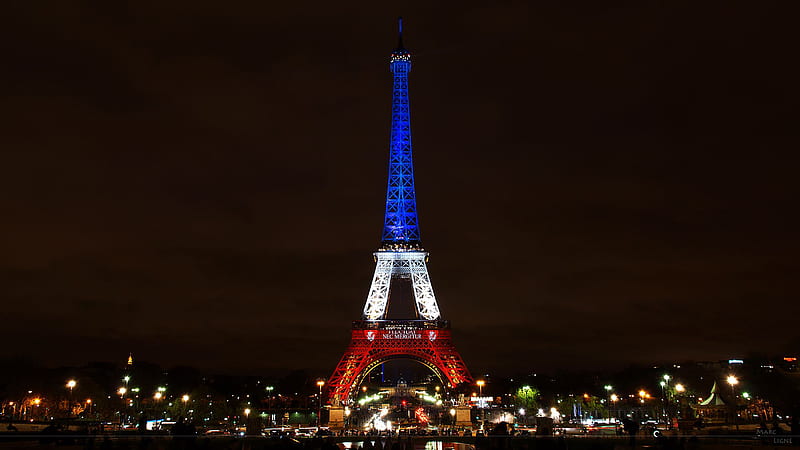 Eiffel Tower Paris With Blue White And Red Lights With Dark Brown Sky Background Travel, HD wallpaper