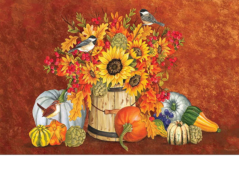 Colors of Autumn, brown, golden, flowers, colors, yellow, season, oranges, autumn, birds, chickadees, HD wallpaper