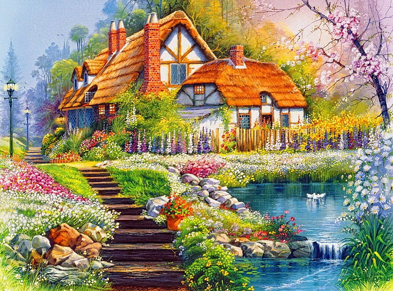 Peaceful place, house, cottage, stairs, cabin, bonito, nice, calm, painting, village, flowers, river, fishing, quiet, calmness, lovely, delight, spring, creek, serenity, slope, peaceful, summer, blossoms, reflections, blooming, HD wallpaper
