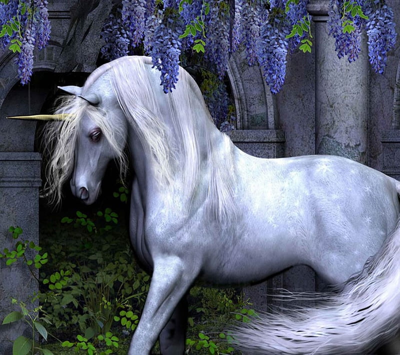 Beautiful Unicorn, purple, unicorn, flowers, bonito, white, abstract, art work, HD wallpaper