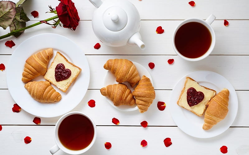 Happy Valentine's Day!, red, rose, breakfast, valentine, tea, heart, cup, morning, croissant, white, wood, HD wallpaper