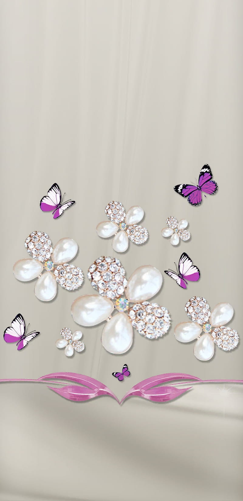 FloralPearls, florals, flowers, pearls, butterflies, pink, pretty, girly, HD phone wallpaper